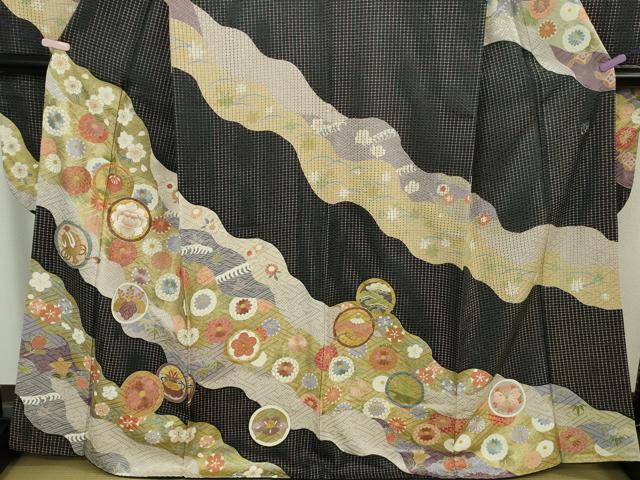 平和屋本店●極上 中国三大刺繍 スワトウ刺繍 汕頭刺繍 振袖・長襦袢(無双仕立て)セット 作家物 駒刺繍 道長花文 金糸 逸品 DZAB5899kh6