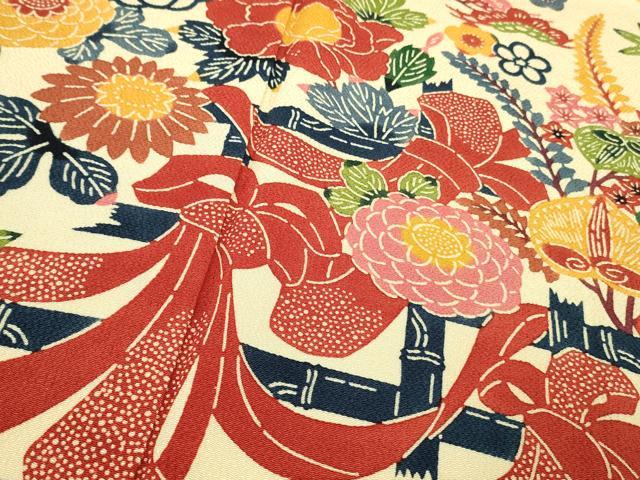 平和屋本店●極上 和染紅型 栗山紅型 栗山吉三郎 振袖 吉祥花文 砥粉色地 鬼しぼ縮緬 逸品 DZAB5903kh6