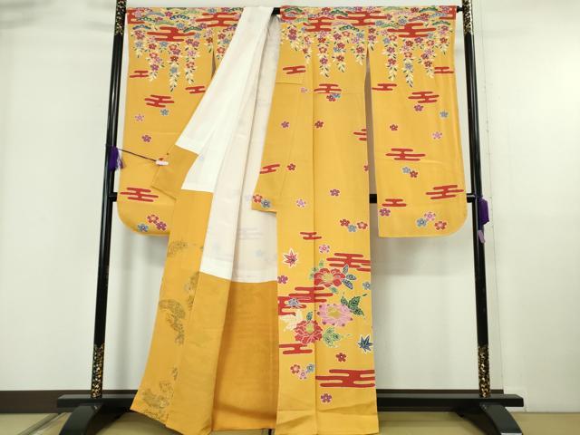 平和屋着物●極上 和染紅型 栗山紅型 栗山吉三郎 振袖 エ霞花文 柑子色地 鬼しぼ縮緬 逸品 未使用 DZAB5942kh6