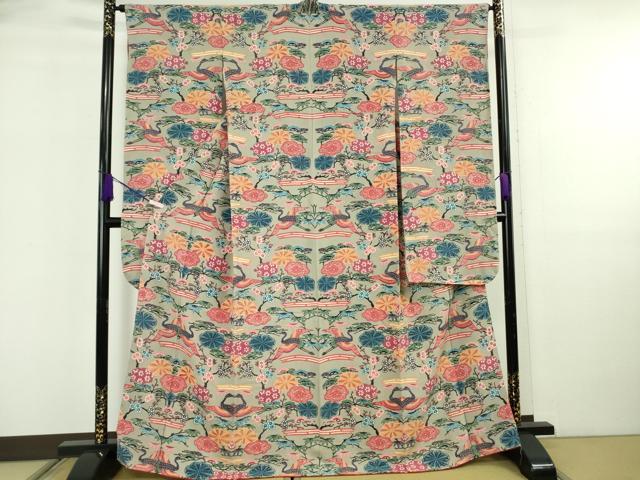 平和屋本店●極上 本場琉球紅型 振袖 飛鶴松竹梅 素鼠色地 逸品 DZAB5949kh6