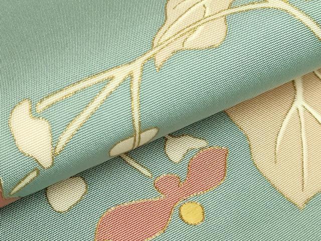 平和屋着物●極上 塩瀬 九寸名古屋帯 駒刺繍 蔦の葉文 青磁鼠色地 金彩 逸品 DZAB5987kh6