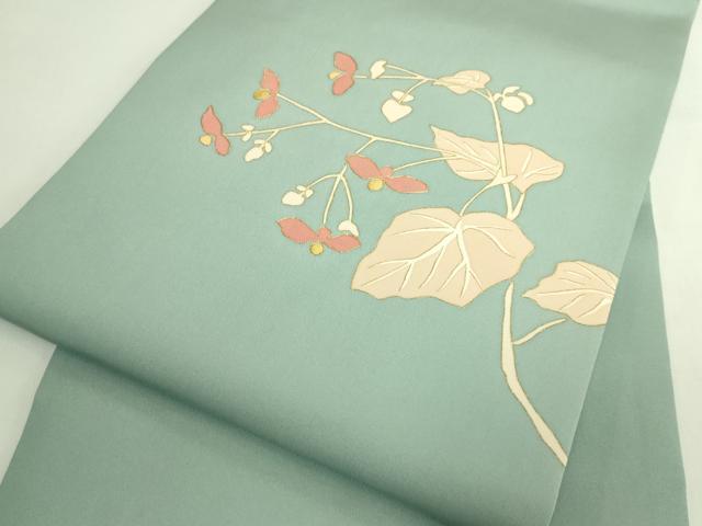 平和屋着物●極上 塩瀬 九寸名古屋帯 駒刺繍 蔦の葉文 青磁鼠色地 金彩 逸品 DZAB5987kh6