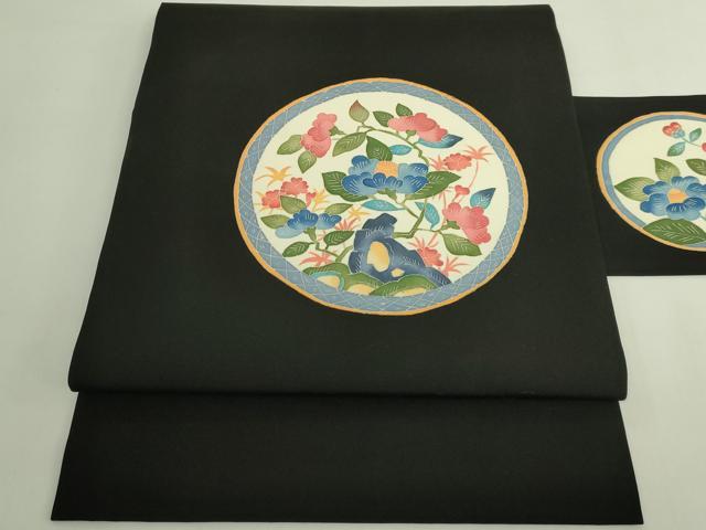 平和屋着物●極上 本加賀友禅作家 押田正義 塩瀬 九寸名古屋帯 枝椿 黒地 逸品 DZAB5993kh6