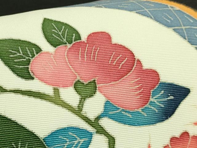 平和屋着物●極上 本加賀友禅作家 押田正義 塩瀬 九寸名古屋帯 枝椿 黒地 逸品 DZAB5993kh6