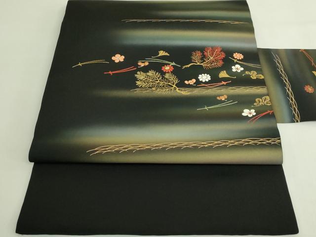 平和屋着物●極上 塩瀬 九寸名古屋帯 刺繍 吹き寄せ花文 黒地 金彩 逸品 DZAB5994kh6