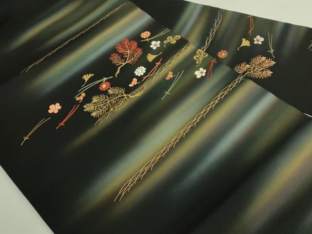 平和屋着物●極上 塩瀬 九寸名古屋帯 刺繍 吹き寄せ花文 黒地 金彩 逸品 DZAB5994kh6