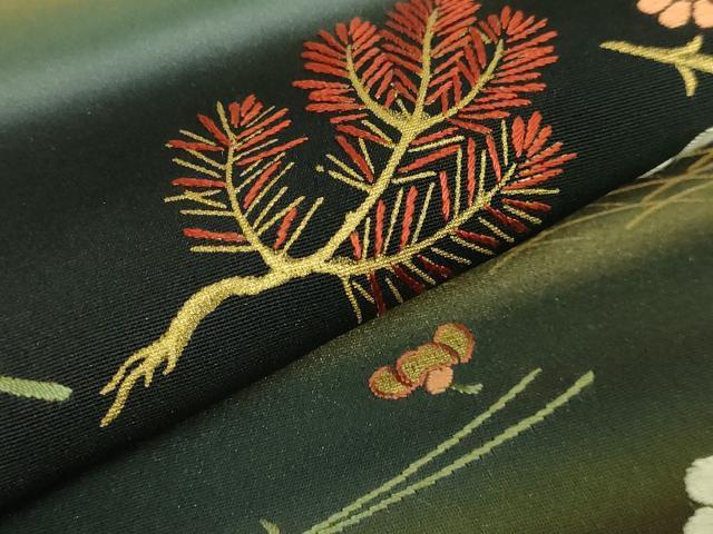 平和屋着物●極上 塩瀬 九寸名古屋帯 刺繍 吹き寄せ花文 黒地 金彩 逸品 DZAB5994kh6