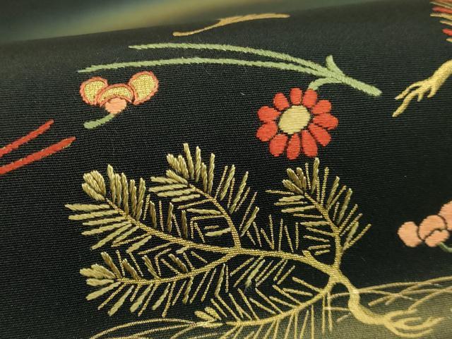 平和屋着物●極上 塩瀬 九寸名古屋帯 刺繍 吹き寄せ花文 黒地 金彩 逸品 DZAB5994kh6