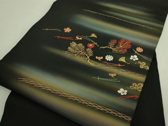 平和屋着物●極上 塩瀬 九寸名古屋帯 刺繍 吹き寄せ花文 黒地 金彩 逸品 DZAB5994kh6