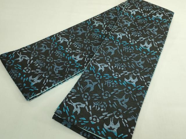 平和屋着物●極上 両面 半幅帯 花鳥文 市松 黒地 逸品 DZAB6002kh6