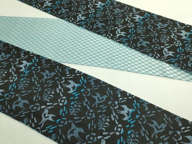 平和屋着物●極上 両面 半幅帯 花鳥文 市松 黒地 逸品 DZAB6002kh6
