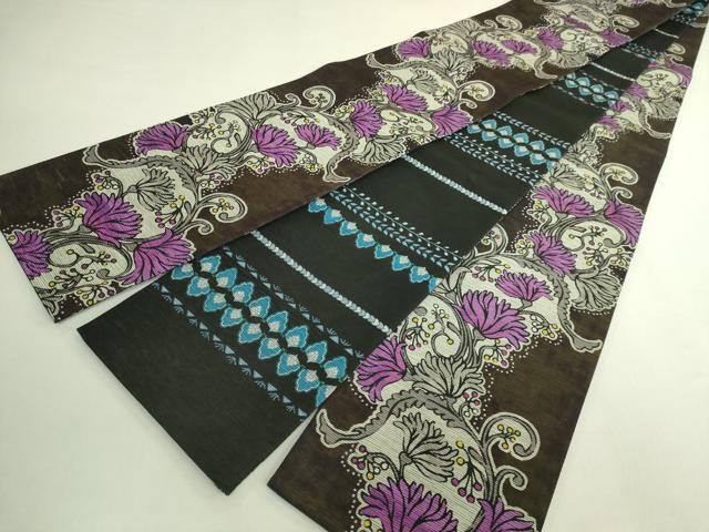 平和屋着物●極上 両面 半幅帯 花唐草 横段文 逸品 DZAB6006kh6