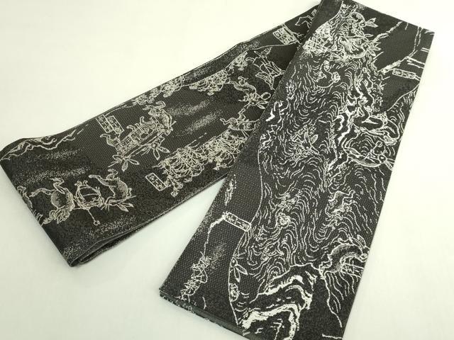 平和屋着物●極上 両面 半幅帯 鳥獣戯画 黒地 逸品 DZAB6007kh6