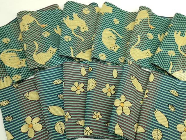 平和屋着物●極上 両面 半幅帯 猫 鈴 舞花文 逸品 DZAB6009kh6