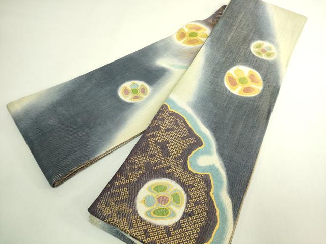 平和屋着物●極上 両面 半幅帯 作家物 雪輪鹿の子文 ふくら雀 縞 金通し地 逸品 DZAB6012kh6