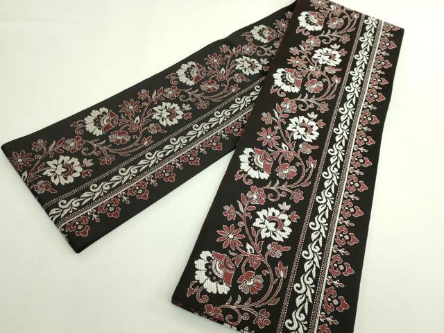 平和屋着物●極上 本場筑前博多織 両面 半幅帯 花唐草 I say 一声 黒地 逸品 DZAB6017kh6