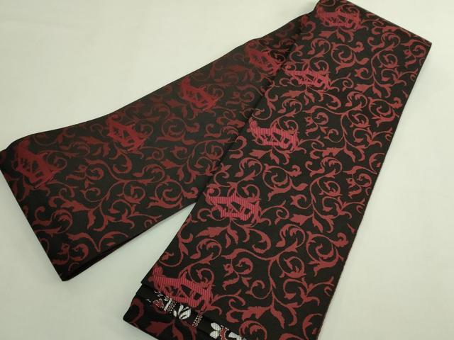 平和屋着物●極上 本場筑前博多織 両面 半幅帯 花唐草 I say 一声 黒地 逸品 DZAB6017kh6