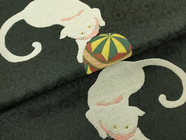 平和屋着物●極上 両面 半幅帯 猫 毬 輪繋ぎ 黒地 逸品 DZAB6020kh6