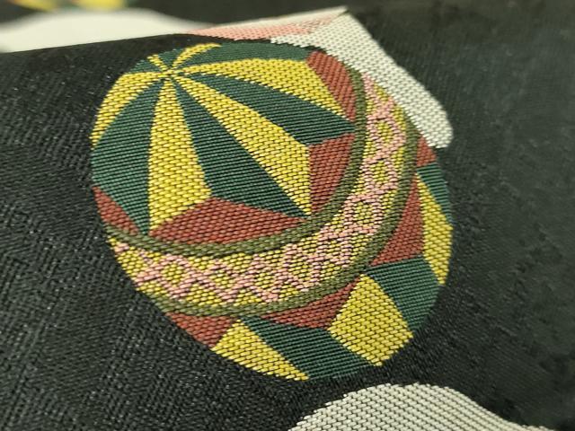 平和屋着物●極上 両面 半幅帯 猫 毬 輪繋ぎ 黒地 逸品 DZAB6020kh6