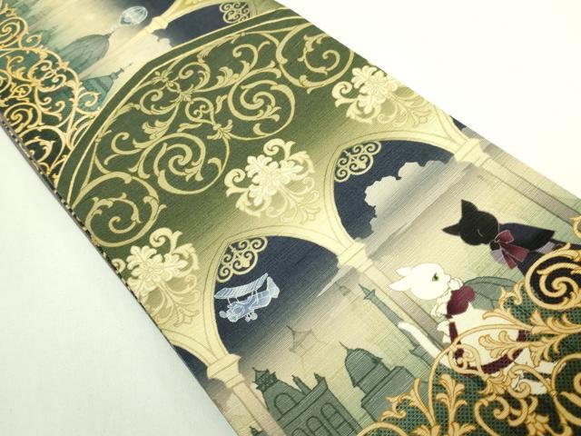 平和屋着物●極上 両面 半幅帯 WAKKA ワッカ 猫 間道 逸品 DZAB6023kh6