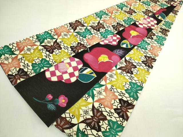 平和屋着物●極上 両面 半幅帯 WAKKA ワッカ 椿 舞蝶文 黒地 逸品 DZAB6027kh6