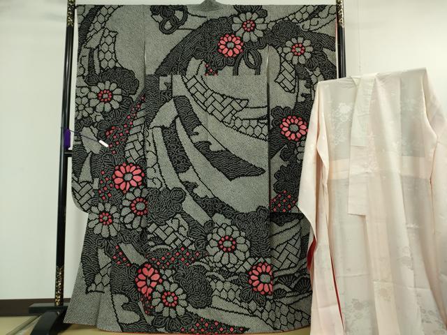 平和屋本店●極上 振袖・長襦袢(無双仕立て)セット 総絞り 束ね熨斗花文 黒地 逸品 DZAB6071kh6