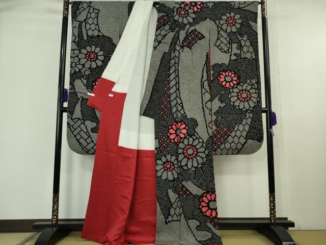 平和屋本店●極上 振袖・長襦袢(無双仕立て)セット 総絞り 束ね熨斗花文 黒地 逸品 DZAB6071kh6