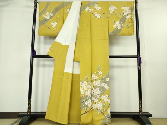 平和屋本店●極上 京友禅作家 池内路一 訪問着 枝桜 緑黄色地 逸品 DZAB6077kh6