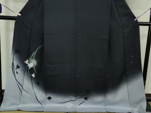 平和屋着物●極上 京の匠日展作家 丹下雄介 訪問着 草花 藍鉄色地 暈し染め やまと誂製 ロング丈 逸品 DZAB6083kh6