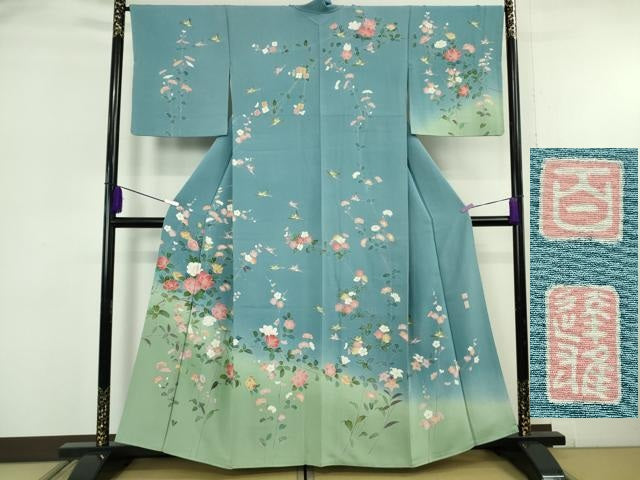 平和屋本店●極上 京加賀友禅 百貫達雄 訪問着 花鳥文 濃い勿忘草色地 暈し染め 逸品 DZAB6086kh6
