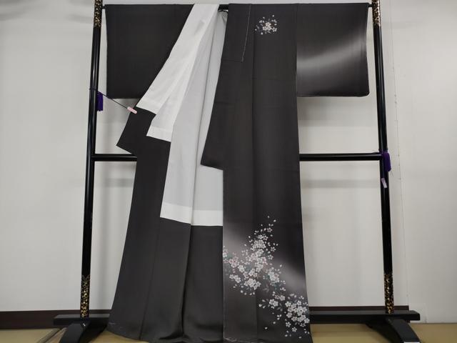 平和屋着物●極上 訪問着 柿しぶ染 天然繭糸御召 手描き 枝桜 蝉色地 金銀彩 反端付き 逸品 未使用 DZAB6091kh6