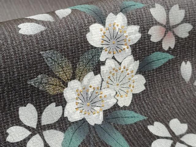 平和屋着物●極上 訪問着 柿しぶ染 天然繭糸御召 手描き 枝桜 蝉色地 金銀彩 反端付き 逸品 未使用 DZAB6091kh6