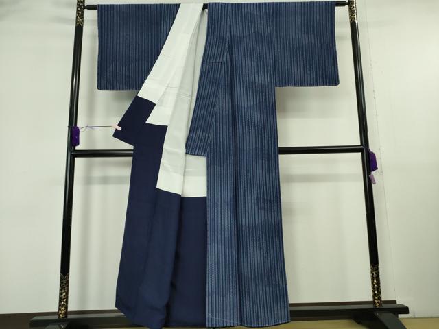 平和屋着物●極上 藍造り国選定無形文化財 藍師・佐藤昭人 藍染師・風間貴之 小紋 縞 寄せ小紋柄 証紙付き 逸品 未使用 DZAB6094kh6