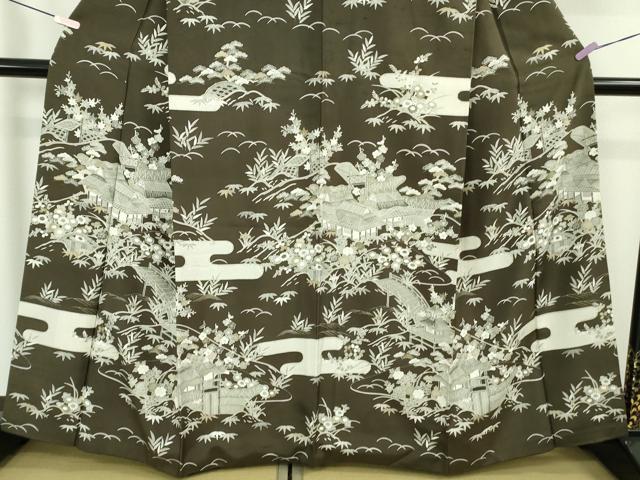平和屋着物●極上 石川県指定無形文化財 牛首紬 白山工房 手織り 訪問着 御所解文 濃い海松茶色地 金彩 逸品 DZAB6097kh6
