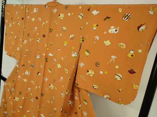 平和屋本店●極上 銀座 志ま亀 小紋 玩具文様 蜜柑色地 たとう紙付き 逸品 DZAB6116kh6