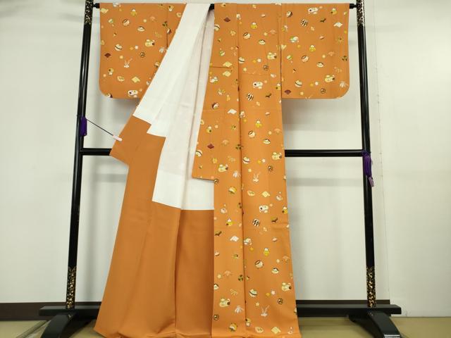 平和屋本店●極上 銀座 志ま亀 小紋 玩具文様 蜜柑色地 たとう紙付き 逸品 DZAB6116kh6