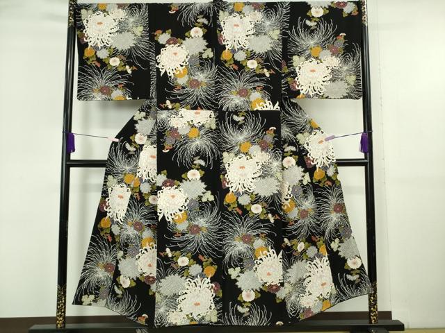 平和屋着物●極上 男性 小紋 キングサイズ 乱菊 黒地 金彩 鬼しぼ縮緬 逸品 DZAB6118kh6