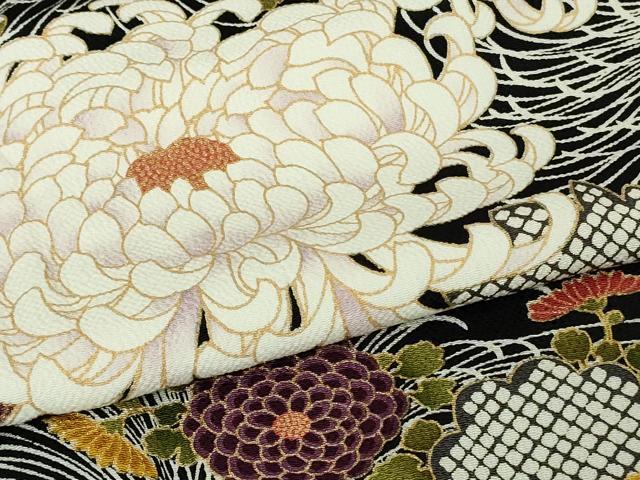 平和屋着物●極上 男性 小紋 キングサイズ 乱菊 黒地 金彩 鬼しぼ縮緬 逸品 DZAB6118kh6