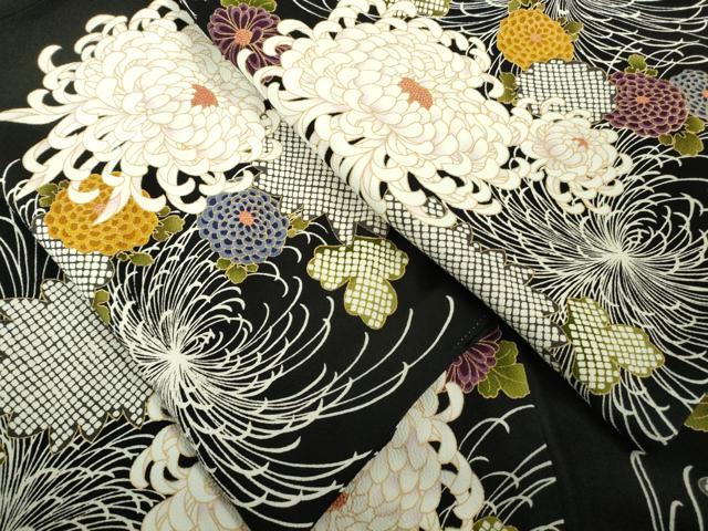 平和屋着物●極上 男性 小紋 キングサイズ 乱菊 黒地 金彩 鬼しぼ縮緬 逸品 DZAB6118kh6