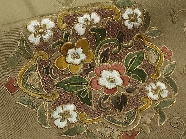 平和屋着物●極上 中国三大刺繍 スワトウ刺繍 汕頭刺繍 蘇州刺繍 訪問着 正倉院花唐草文 桑染色 暈し染め 金糸 逸品 未使用 DZAB6119kh6