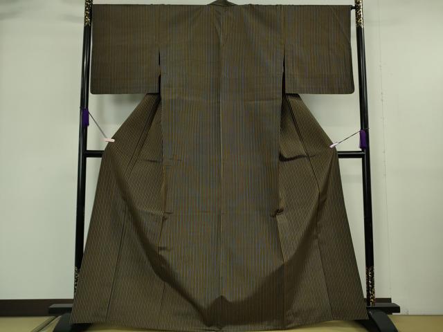 平和屋本店▽極上 本場黄八丈 黒八丈 紬 平織 単衣 縞 逸品 未使用 DZAB6128kh6