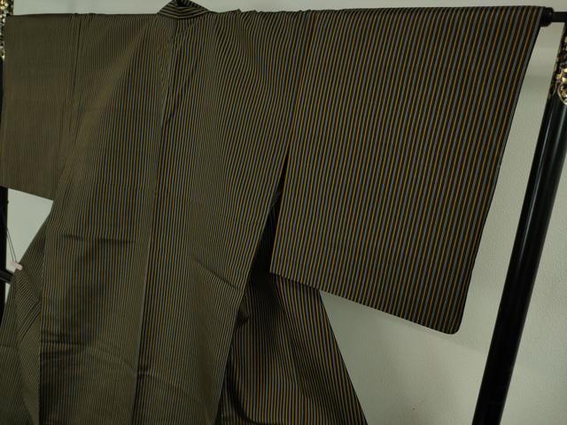 平和屋本店▽極上 本場黄八丈 黒八丈 紬 平織 単衣 縞 逸品 未使用 DZAB6128kh6