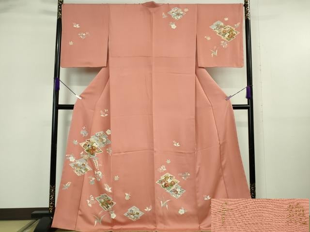 平和屋本店●極上 創業460年・千總 訪問着 駒刺繍 松川菱吉祥花文 東雲色地 金彩 反端付き 逸品 未使用 DZAB6130kh6