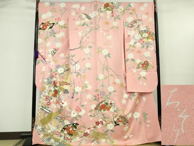 平和屋着物●創業460年・千總　振袖　友禅　駒刺繍　舞花文　暈し染め　正絹　逸品　AABG1055ph 平和屋着物○創業460年・千總 振袖 駒刺繍 束ね熨斗飛鶴吉祥花文 金彩