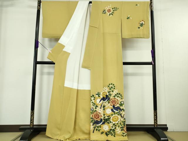 平和屋本店●超希少 東京友禅 久呂田明功 訪問着 燕 更紗花文 桑染色地 鬼しぼ縮緬 金彩 逸品 未使用 DZAB6168kh6