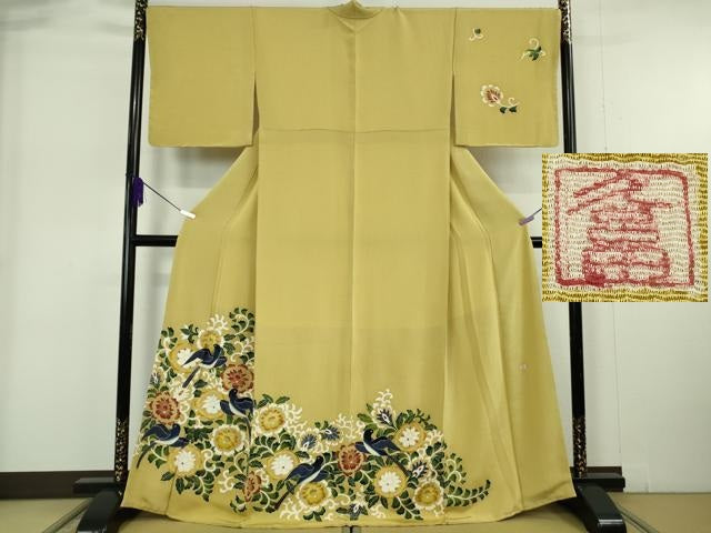 平和屋本店●超希少 東京友禅 久呂田明功 訪問着 燕 更紗花文 桑染色地 鬼しぼ縮緬 金彩 逸品 未使用 DZAB6168kh6