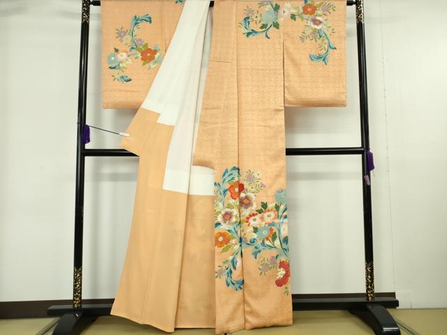 平和屋本店●極上 野口彦太郎 大彦三代目 江戸染繍友禅 訪問着 刺繍 草花文 小麦色地 金糸 大丸扱い 逸品 DZAB6169kh6