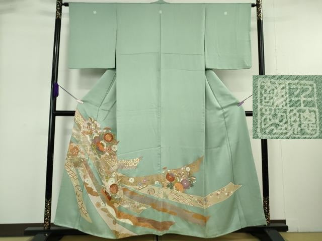 平和屋本店●極上 創業460年・千總 色留袖 駒刺繍 鬘帯雪輪花文 山葵色地 金彩 三越扱い 逸品 DZAB6173kh6