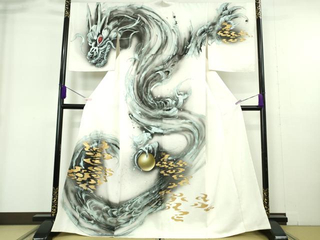 平和屋本店●極上 訪問着 手描き 龍 スパンコール 白地 金銀彩 逸品 未使用 DZAB6175kh6