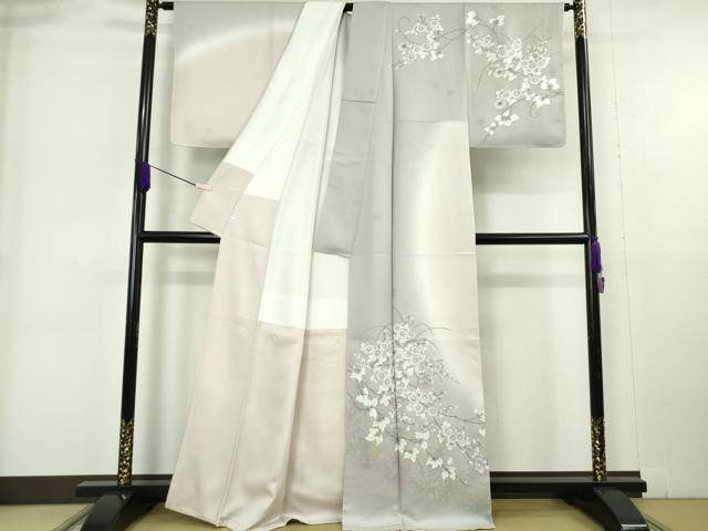 平和屋本店●極上 訪問着 手描き 枝花文 新小石丸 薄桜色地 暈し染め 銀彩 反端付き 逸品 未使用 DZAB6176kh6